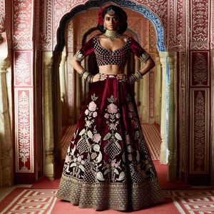 Lehenga Choli Dupatta en velours de soie brodé, avec travail de diamants Zari, design moderne, tenue de mariée, vêtement ethnique, le plus populaire - Product Image 1
