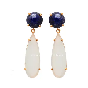 Grosir Perhiasan 925 Sterling Silver Natural Lapis Mikron Emas Disepuh Anting Menjuntai untuk Pesta Pernikahan Memakai Perhiasan