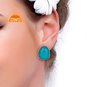 Pendientes de Calcedonia azul 14K chapado en oro 925 Plata niñas forma de huevo pendientes de tuerca proveedor de joyería colección clásica - Product Image 3