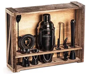 Kit d'outils pour Bar en bois rustique, ensemble avec brevet de brevet, support en bois pour cocktails, 11 pièces, 304