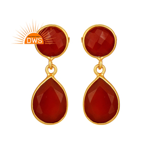 Boucle d'oreille en pierre précieuse Onyx rouge Dangle Designer Boucle d'oreille en argent plaqué or Fournisseur de bijoux - Product Image 1