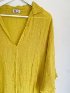 Arrival Fashionable Trending Latest 100% <b>Linen</b> Crepe Fabric V-neck 3\4 Sleeve Floor Length Formal Solid <b>Women</b> <b>Linen</b> <b>Dress</b> - Product Image 2