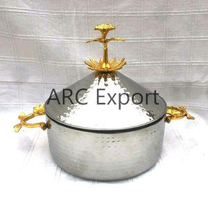 Marmites en métal martelé argenté, vente en gros, bouton doré, pot de luxe, pot de service alimentaire, forme ronde, pot isolé - Product Image 3