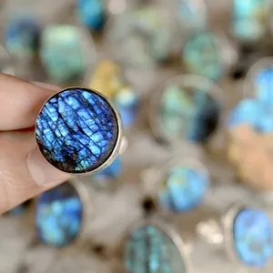 Set of rings jewelry women wholesale natural blue fire labradorite druzy silver overlay ring stainless steel men ring
