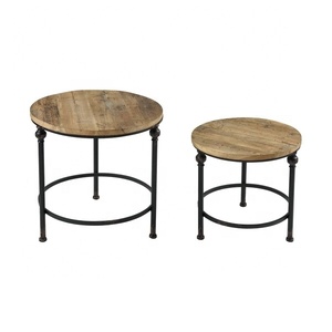 Industrial Rustic <b>Round</b> Wood Coffee <b>Table</b> Set With Iron Frame Nesting Design For Living Room Furniture - Product Image 1
