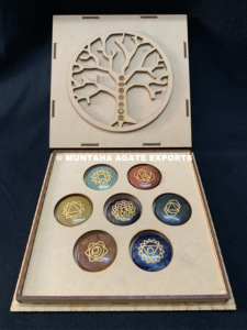Chakra <b>Set</b> With Wooden Box Engraved Chakra <b>Sets</b> in Round Shape Wholesale 7 Chakra Stone <b>Set</b> With Tree of Life Engraved Gift Box - Product Image 2