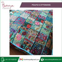 Pouf Ethnique Vintage de 32 Pouces, Grandes Poufs Bohème Marocain, Fait à la Main, Tissu de Jute, Bambou, Art Indien, Décoratif