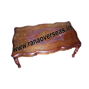 <b>Rectangle</b> Side <b>Coffee</b> <b>Table</b> in Wood With Brass Inlay and Carved Design for Bed Room & Hotel - Product Image 1