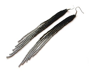 Extra Long Seed Bead Earrings Black and Gray Beaded Fringe Earrings Evening Jewelry Shoulder <b>duster</b> Earrings Long Dangle Earring - Product Image 1