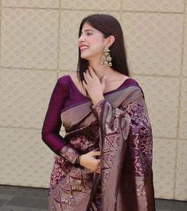 Banarasi Soie Jacquard Saree avec Chemisier Femmes Porter Dames Fête Festival Usage Quotidien Doux Coton Soie Sari En Gros Bas Prix Vêtement - Product Image 4