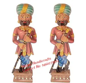 Ahşap Rajasthani 2 Set Chowkidar, Darbaan, Dwarpal veya Rakshak Showpiece, hediye seti veya ev dekor