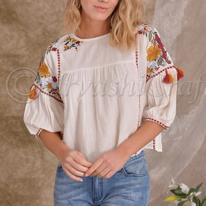 Tuniques — vêtements indiens confortables, vêtements pour femmes, robes de plage, manches courtes, broderie florale avec pompon, Sexy - Product Image 1