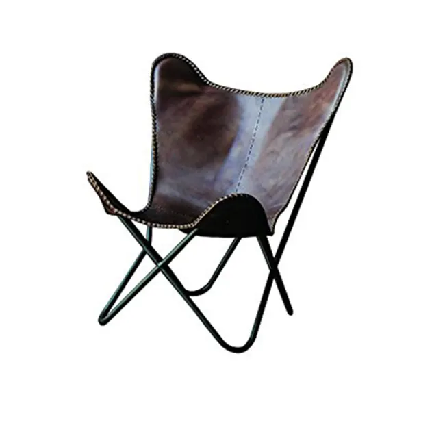 Chaise papillon décontractée en cuir marron, fauteuil pliable classique pour salon, Design antique fabriqué en fer, vente en gros