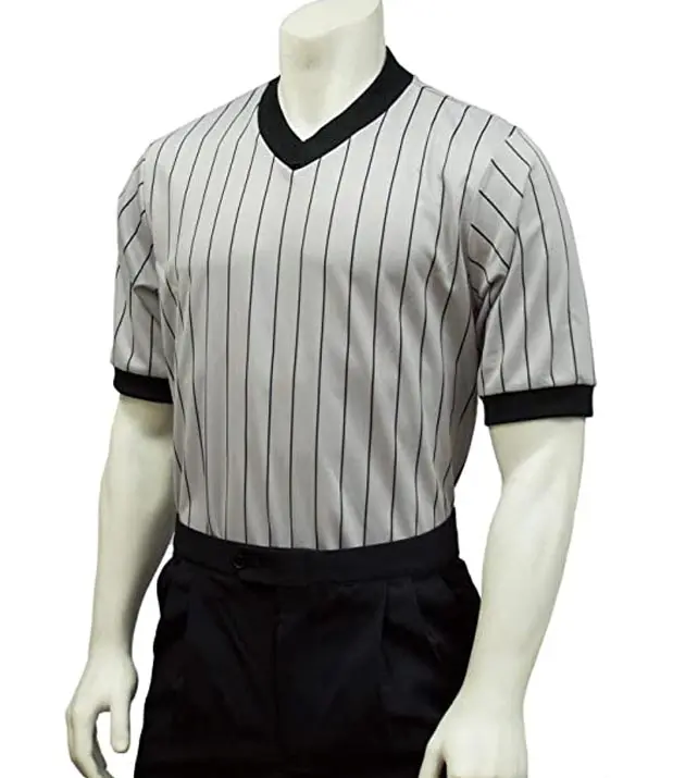 Graues V-Ausschnitt Performance Mesh Schiedsrichter Shirt mit schwarzen Nadel streifen Adult Wrestling Schiedsrichter Shirt Baseball Basketball Schiedsrichter Shirt