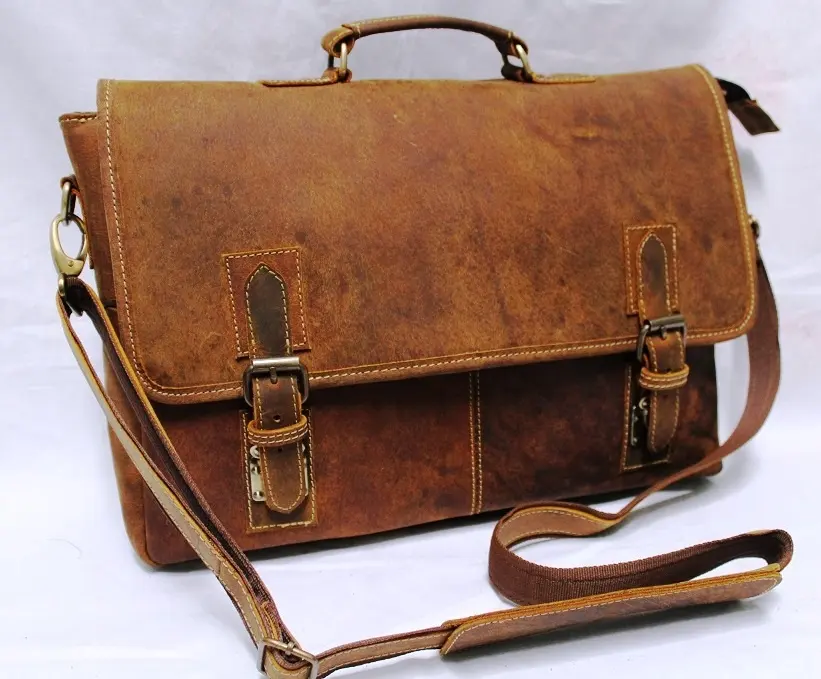 Mens Messenger Bag 15.6 Inch Waterproof Vintage Genuine Leather Waxed Canvas Briefcase Large Satchel Shoulder Bag Rugged Leather