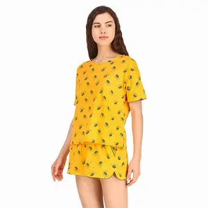 Yellow Color Printed Summer Set T-Shirt with Short Two Piece sets at wholesale price