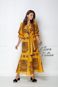 Vestido de verano floral de manga larga para mujer con ajuste acampanado hasta el suelo bordado ucraniano cintura tejida estilo informal de fiesta - Product Image 3