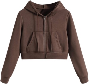 Ropa deportiva para mujer, sudadera informal de lana de algodón con cremallera completa, sudadera recortada de manga larga con capucha de Color sólido para invierno - Product Image 4