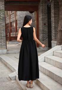 New arrival fashionable trending latest design black color crepe fabric o-neck sleeveless floor-length sexy women linen dress - Product Image 3