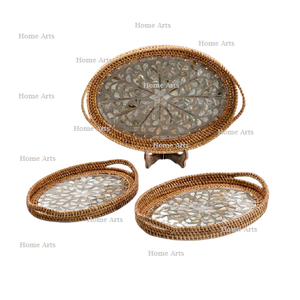 Lot de 3 plateaux alimentaires de tailles différentes plateau à chocolats en rotin fait à la main avec vadrouille pour hôtel et restaurant - Product Image 2