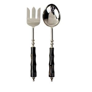 Ensemble cuillère et fourchette de service à salade à poignée en résine noire Serveurs à salade décoratifs en métal avec miroir argenté poli - Product Image 2