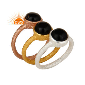 Conjunto de anillos de Latón chapado en tres tonos, joyería de moda, venta al por mayor, anillo de piedras preciosas de ónix negro Natural para mujer, regalo para ella - Product Image 1