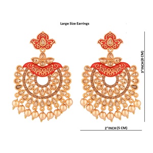 Pendientes colgantes Chandbali chapados en oro al por mayor de La India, joyería de diamantes de imitación de cristal esmaltado, Color rojo - Product Image 2