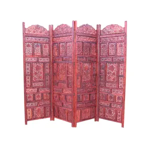 Индийский винтажный дизайн, коричневый деревянный разделитель для комнаты для домашнего использования, декоративный экран для конфиденциальности с 4 отделениями