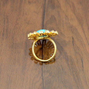 Anillo ajustable de piedras preciosas azul turquesa chapado en oro de 18 quilates al por mayor, Alianzas de Boda florales de Plata de Ley 925 - Product Image 3