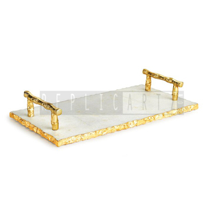 Plateau de service décoratif en marbre blanc de luxe avec métal doré | Table basse de luxe avec poignées, ottoman de vanité, plateau décoratif pour la maison - Product Image 3