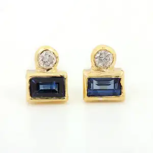 Solitaire Diamond Solid 14K Geel Goud Nieuwe Collectie Sieraden Blue Sapphire Gemstone Stud Tiny 5X4 Mm Oorbellen groothandelaar