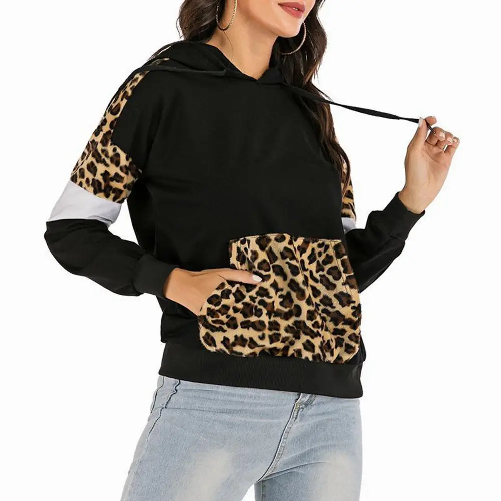 Damen ausgefallene Känguru Taschen Pullover Hoody/Cheetah Print Damen Seiten taschen Kapuze