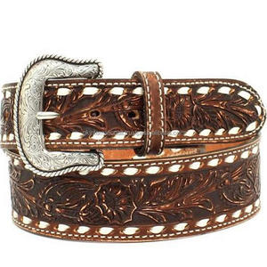 Cinturón occidental de cuero verde para hombre, diseño completo de doble costura, hoja en relieve con hebilla de latón de diseñador pesado - Product Image 3