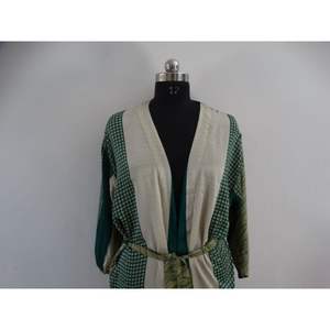 Green Colour Vintage Sleepwear Floral Kimono Indian Handmade Up-cycled Maxi Gown Silk Saree Dress Style Knee Length Bathrobe - Product Image 2