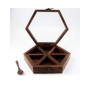 <b>Wood</b> Spice Box Hexagon Shaped with Spice Spoon 6 Compartment and Acrylic Lid Spice Box - Product Image 1