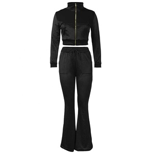 PIHA SPORTS Custom Logo Women's Winter Sporty 2-Piece Velour Zip-Up Crop Jacket Bell Bottoms <b>Pants</b> Pockets Tracksuit - Product Image 1