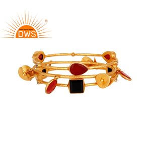 <b>Gold</b> Plated Brass Cuff Bangles Set Women's Classic Indian Fashion Jewelry Natural <b>Black</b> Onyx Aventurine Gemstones for Wedding - Product Image 1