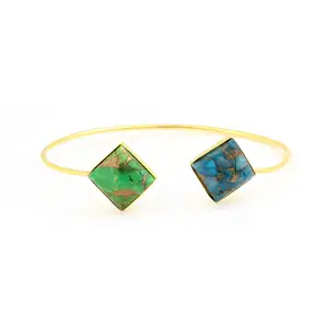 Stunning Design Natural Green and Blue Copper Turquoise Gemstone 925 Sterling Silver 18k Gold Plated Cuff Bangle For Women