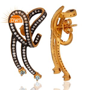 Dws Designer Blue Topaz & Cz Pendiente Chapado en oro Stud Pendiente para mujer Mayorista Pendiente de moda de plata - Product Image 3