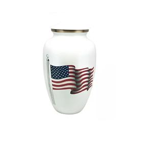 Urna de aluminio plateada clásica moderna Bandera americana Impresión de esmalte Memorial de cremación de latón contemporáneo para cenizas humanas Perro - Product Image 1
