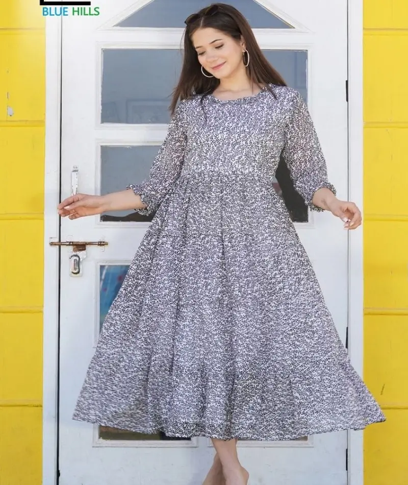 Hint pakistanlı stil Georgette malzeme fantezi Kurtis kadınlar için Anarkali stil Midi Kurtis fantezi boyun ve uzun kollu