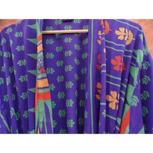 Indian Handmade Floral Kimono Up-cycled Sleepwear Blue Colour Vintage Silk Saree Maxi Gown Dress Style Knee Length Bathrobe - Product Image 6