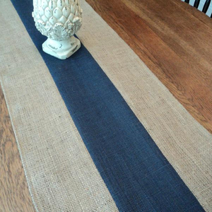 Striped Burlap Table Runner Navy Blue And Natural Rustic Home Decor Washable Woven Cloth - Product Image 1