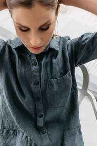 Robe en crêpe de couleur grise pour femme, tenue à la mode, en lin, manches mi-longues, nouvelle collection 2020 - Product Image 4