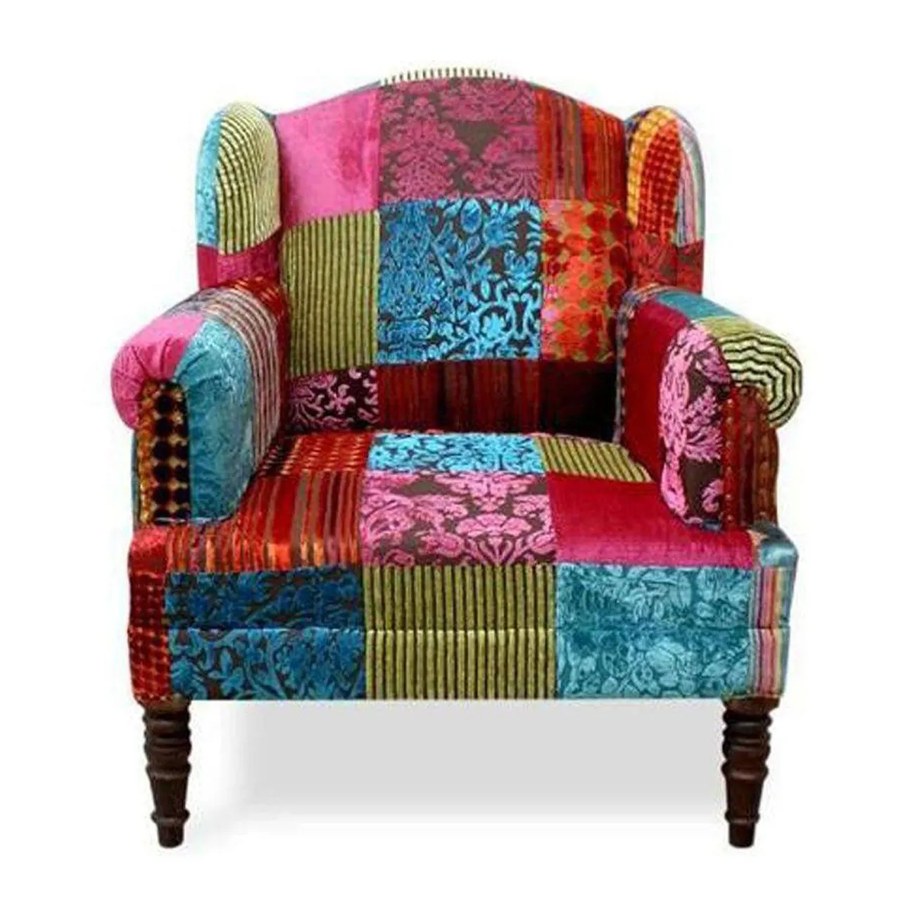Armchair Patchwork Rayon Velvet Patch Living Room Furniture Home Decor Maharaja Wing Chair