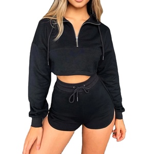 Custom Logo Tracksuit Two Piece <b>Set</b> Womens Long Sleeve Crop Top Zipper Sweatshirt Biker Shorts <b>Lounge</b> <b>Set</b> Sportswear Autumn - Product Image 1