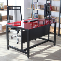 Bureau d'ordinateur moderne pour la maison, robuste, en métal, pour ordinateur portable, PC, réception, jeux, hauteur réglable, plateau en verre trempé rouge, MDF noir