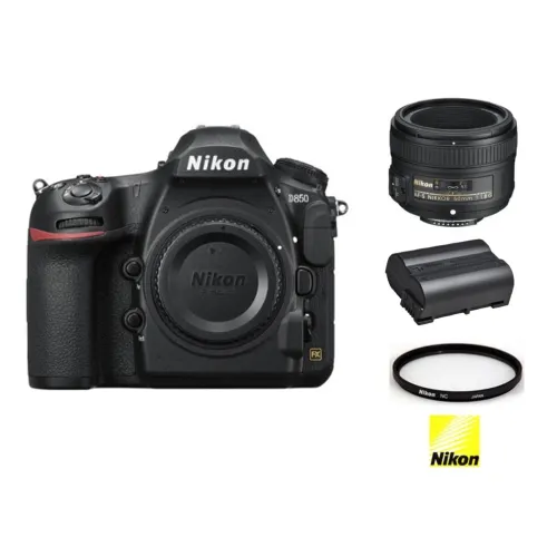Nikon Nikon 50mm f1.8 G लेंस के साथ D850 कैमरा शरीर EN-EL15b बैटरी Nikon नेकां फिल्टर 58mm और Lexar 128GB 633X SDXC कार्ड पैकेज