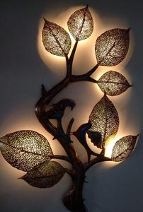 Metal <b>Tree</b> With Birds Mural With <b>Lighting</b> Golden Brownish Wrought Iron 3D Hanging Sculpture Metal Wall Art for Wall Decoration - Product Image 4