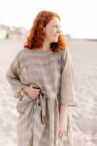 New arrival fashionable trending latest design champagne crepe v-neck solid 3\4 sleeve Floor-Length women linen dress - Product Image 2